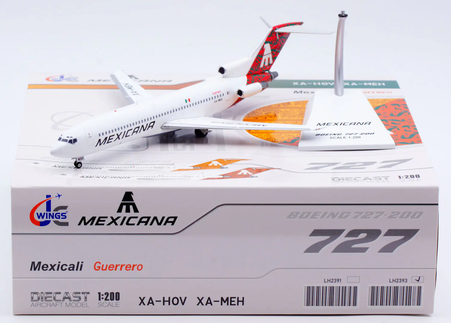 Collectible Diecast Aircraft Model Boeing B727-200 LH2393 JC Wings 1:200 Mexicana "Guerrero"Reg: XA-MEH