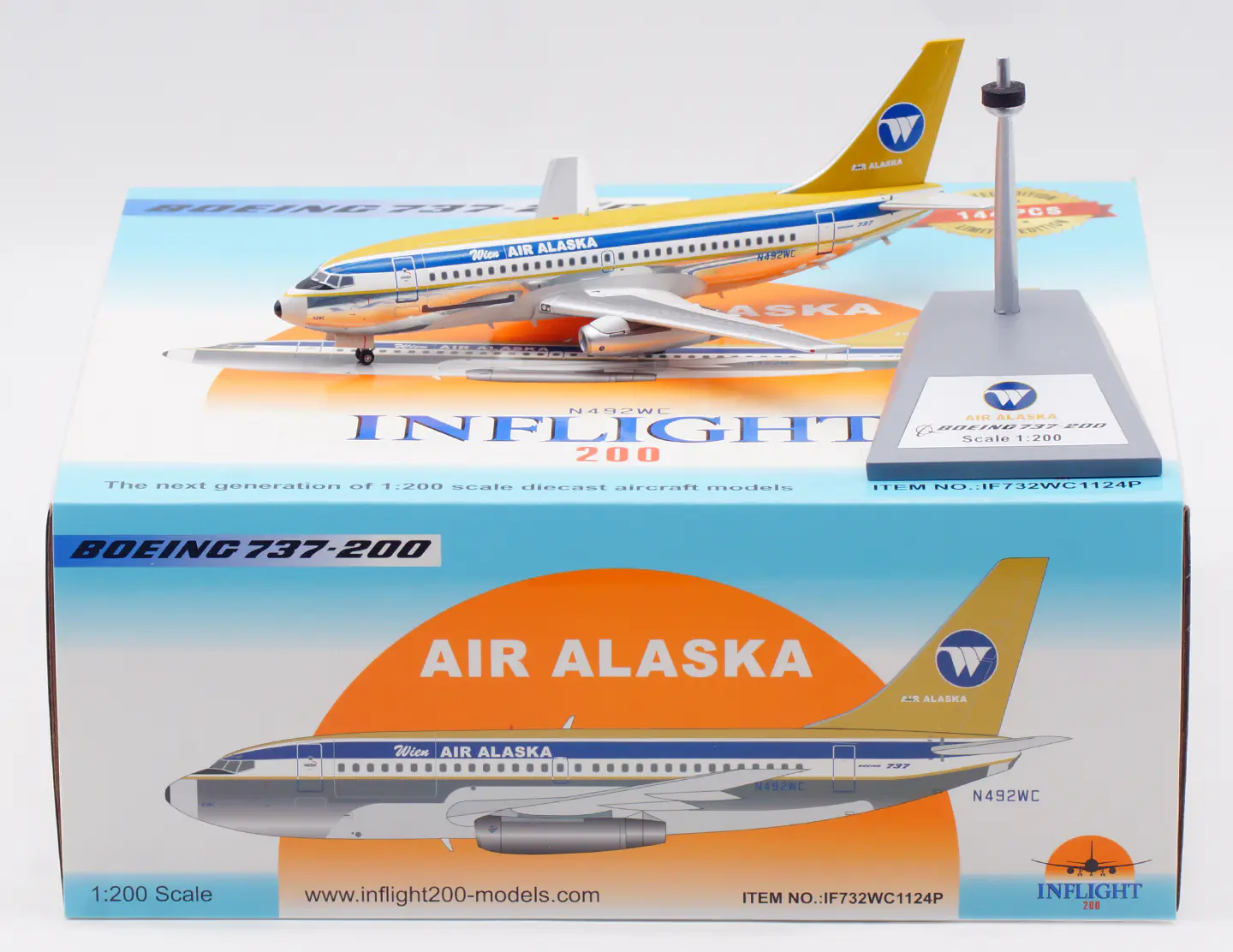 Collectible Diecast Aircraft Model Boeing B737-200 IF732WC1124P INFLIGHT 1:200 Wien Air Alaska Reg: N492WC