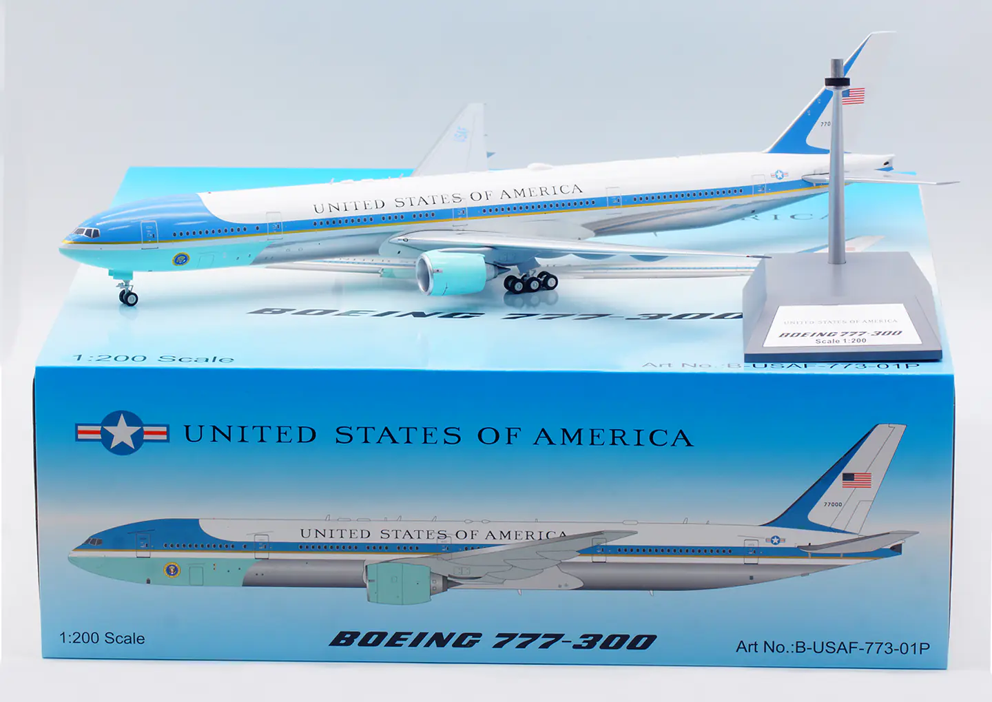 Collectible Diecast Aircraft Model Boeing B777-300 B-USAF-773-01P B-Models 1:200 UNITED STATES OF AMERICA Reg: 77000