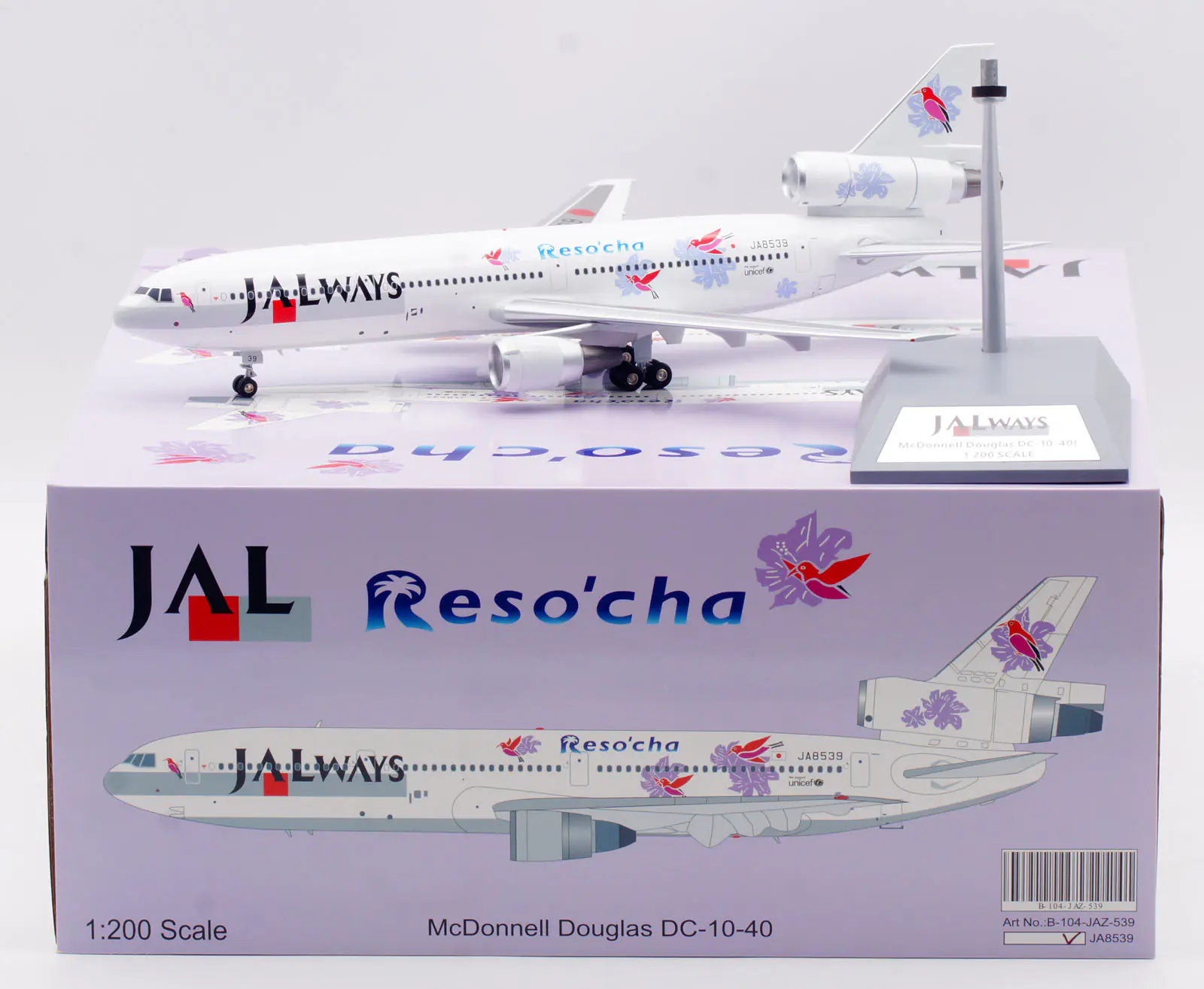 Collectible Diecast Aircraft Model McDonnell Douglas DC-10-40 B-104-JAZ-539 B-Models 1:200 JAL ways Reg: JA8539