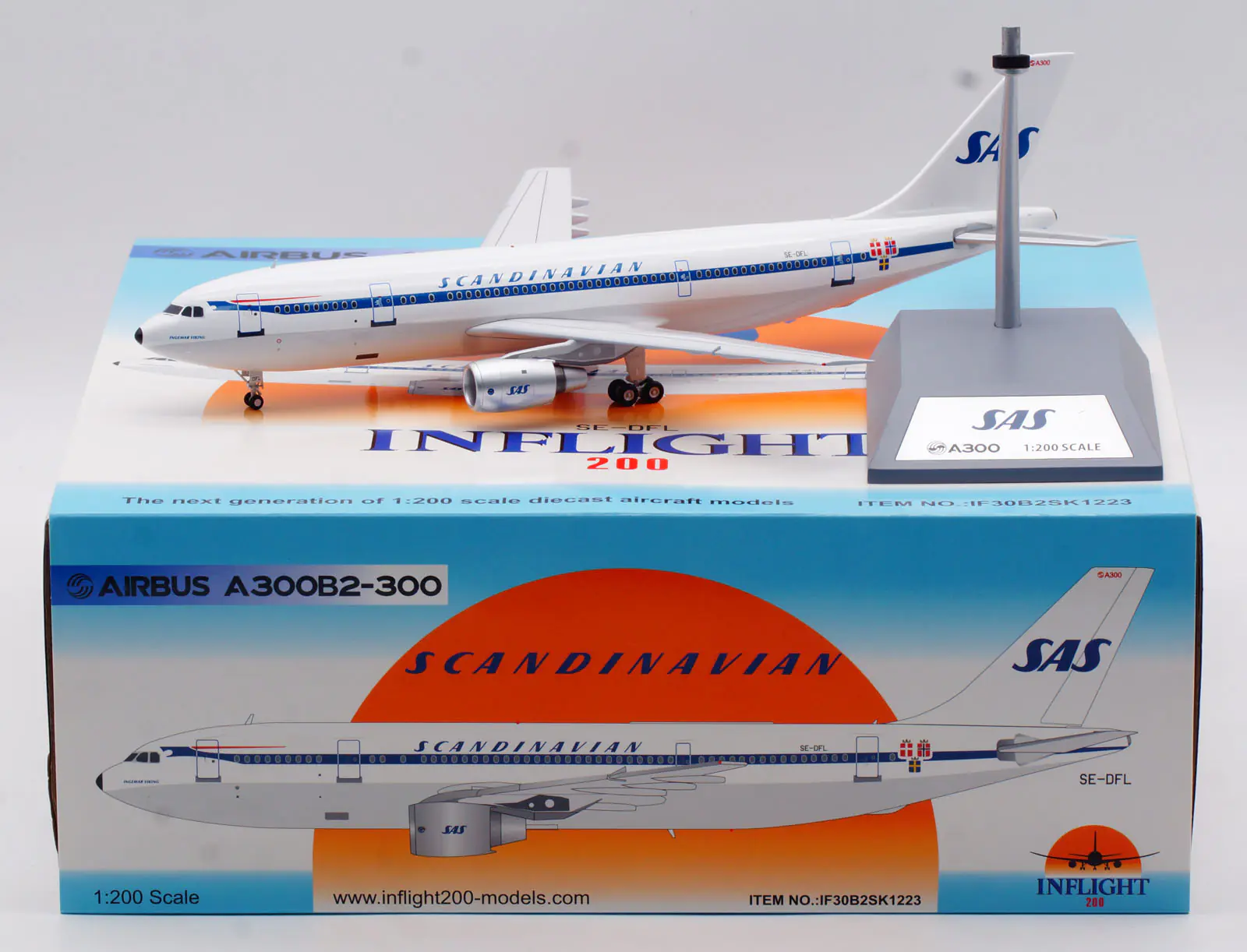 Collectible Diecast Aircraft Model Airbus A300B2-300 IF30B2SK1223 INFLIGHT 1:200 Scandinavian Airlines SAS Reg: SE-DFL