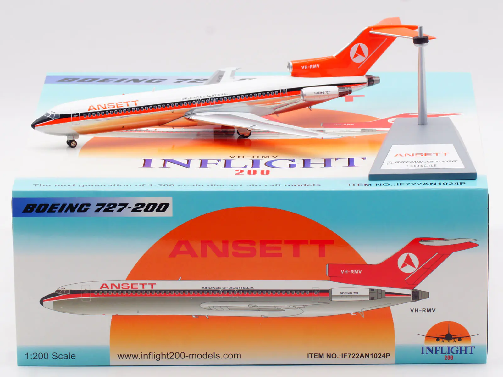 Collectible Diecast Aircraft Model Boeing B727-200 IF722AN1024P INFLIGHT 1:200 Ansett Airlines Reg: VH-RMV