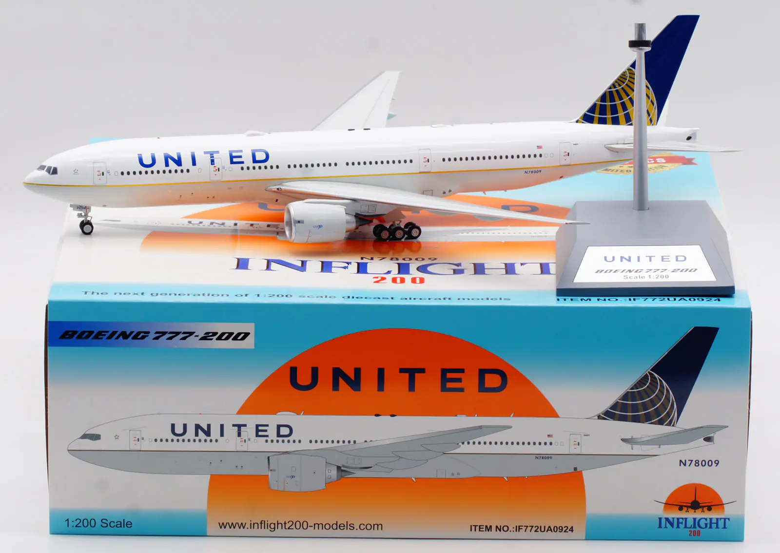 Collectible Diecast Aircraft Model Boeing B777-200ER IF772UA0924 INFLIGHT 1:200 UNITED Airlines Reg: N78009