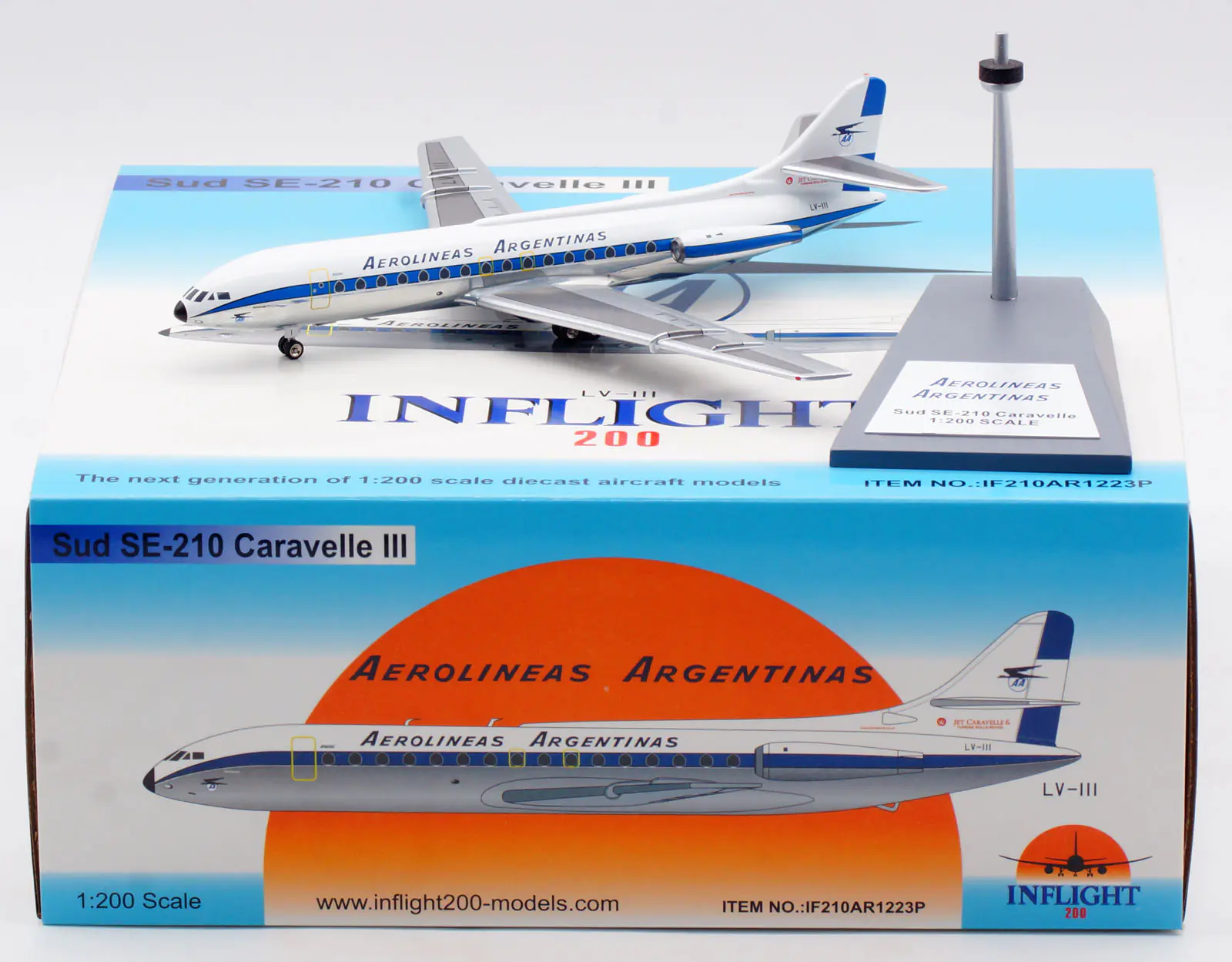 Collectible Diecast Aircraft Model Sud SE-210 Caravelle III IF210AR1223P INFLIGHT 1:200 Aerolineas Argentinas Reg: LV-III