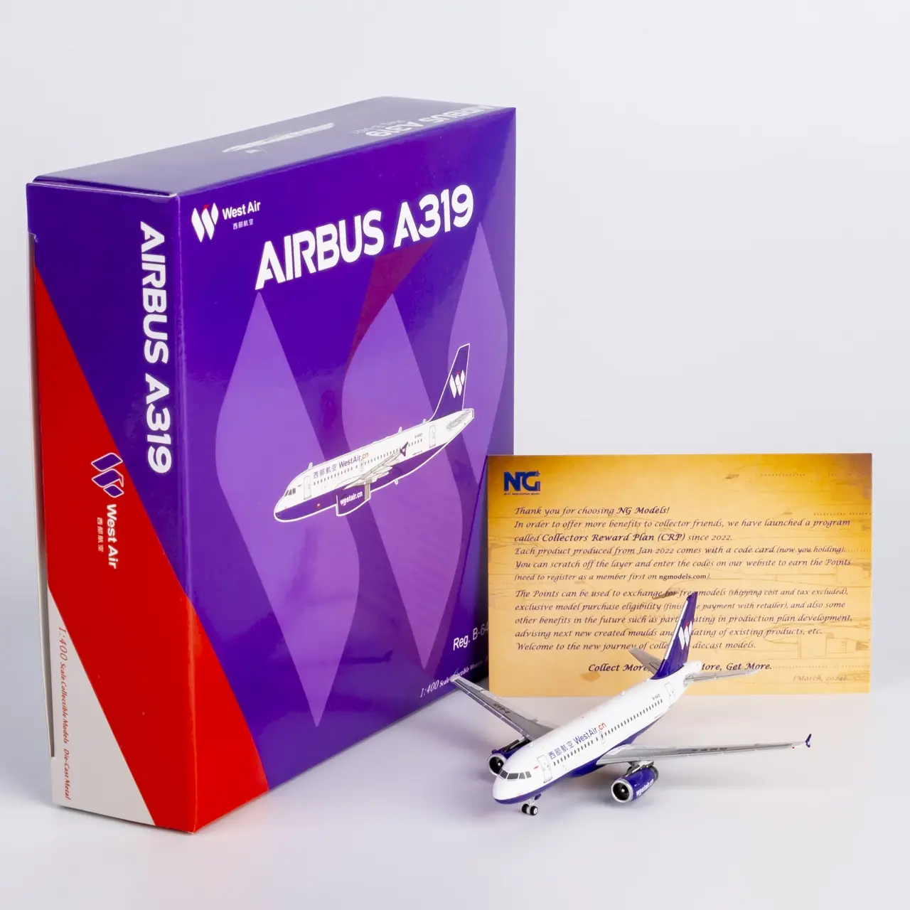 Collectible Diecast Aircraft Model Airbus A319 49035 NG Models 1:400 West Air Reg: B-6421