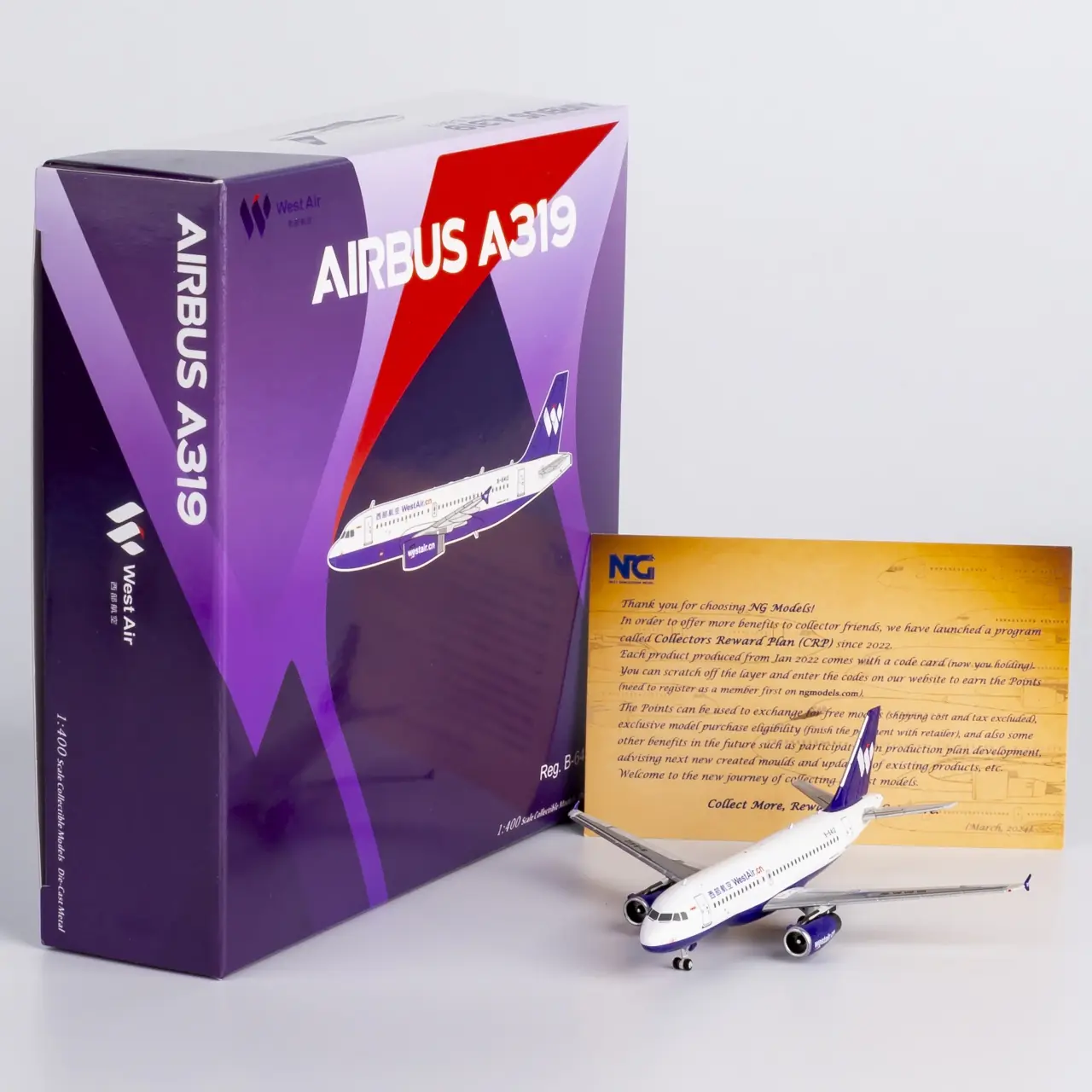 Collectible Diecast Aircraft Model Airbus A319 49036 NG Models 1:400 West Air Reg: B-6412