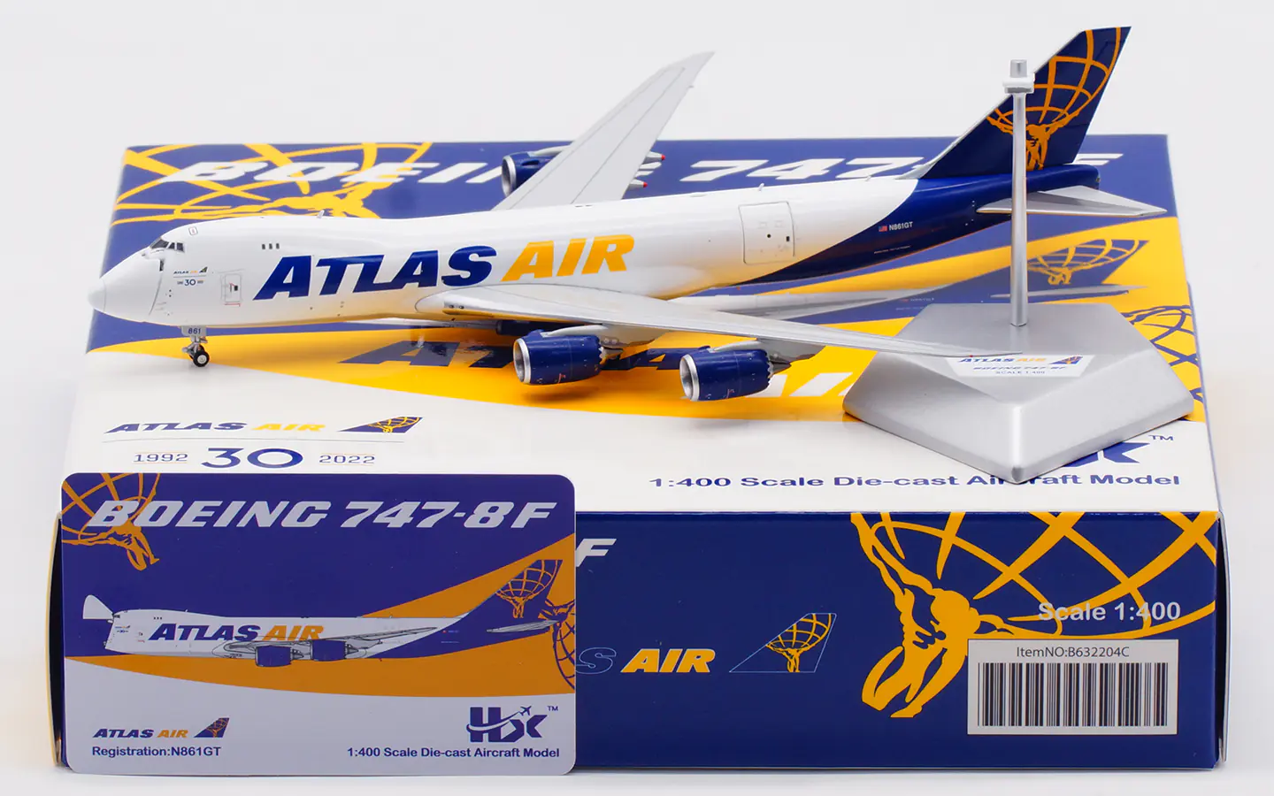 Collectible Diecast Aircraft Model  Boeing B747-8F B632204C HX Models Atlas Air "30th" Reg: N861GT [Interactive Series]