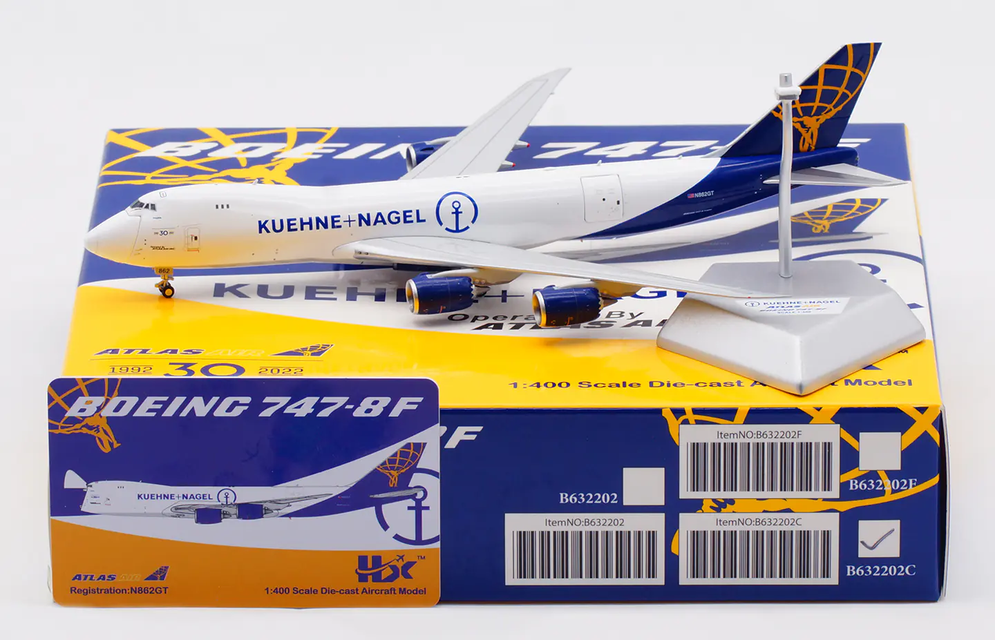 Collectible Diecast Aircraft Model  Boeing B747-8F B632202C HX Models Atlas Air "30th" Reg: N862GT [Interactive Series]