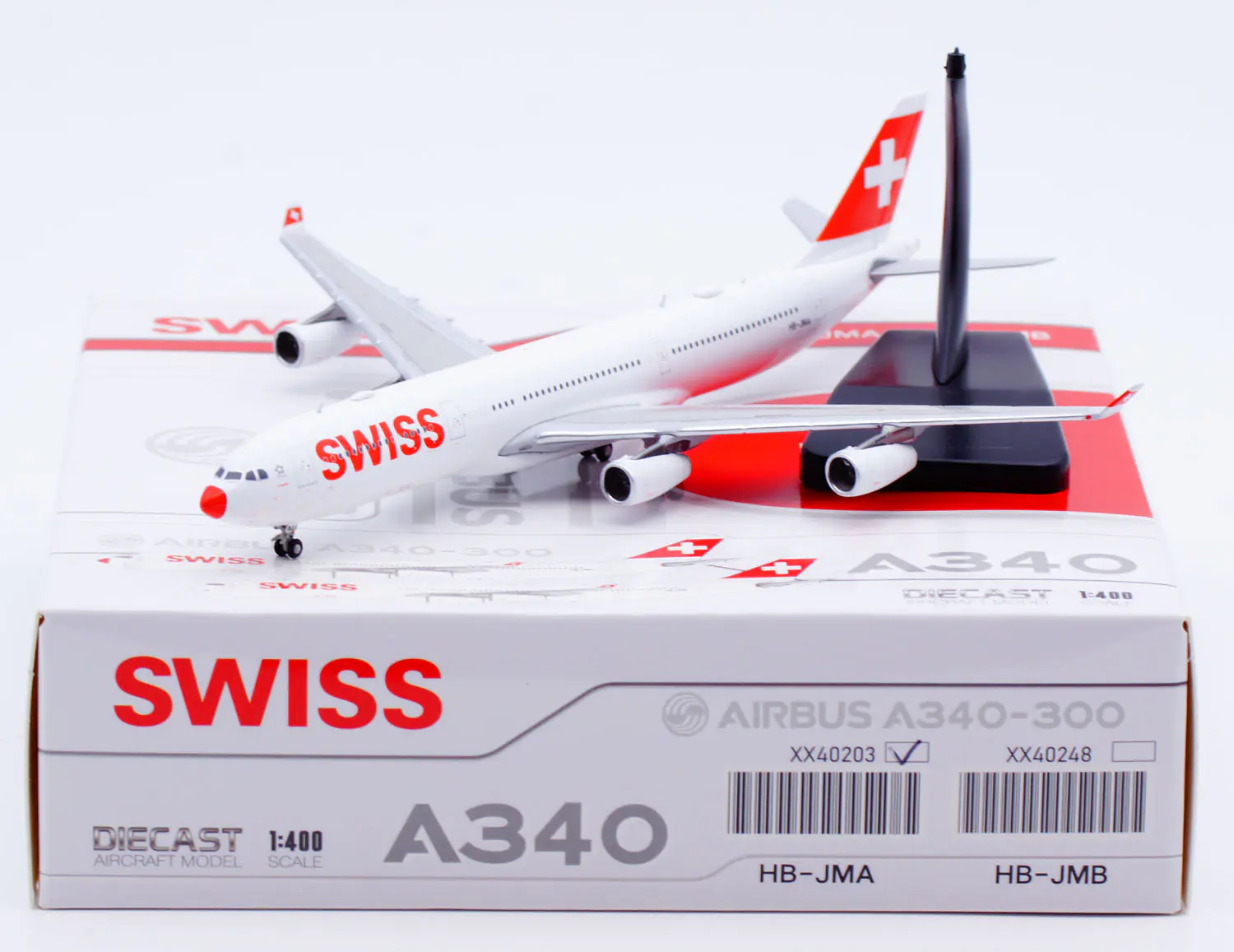 Collectible Diecast Aircraft Model Airbus A340-300 XX40203 JC Wings 1:400 Swiss "Red Nose" Reg: HB-JMA