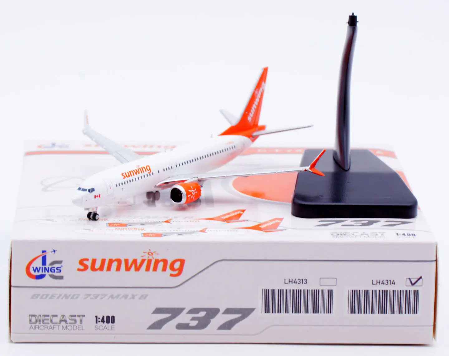 Collectible Diecast Aircraft Model Boeing B737-8 Max LH4314 JC Wings 1:400 Sunwing Reg: C-FMXA