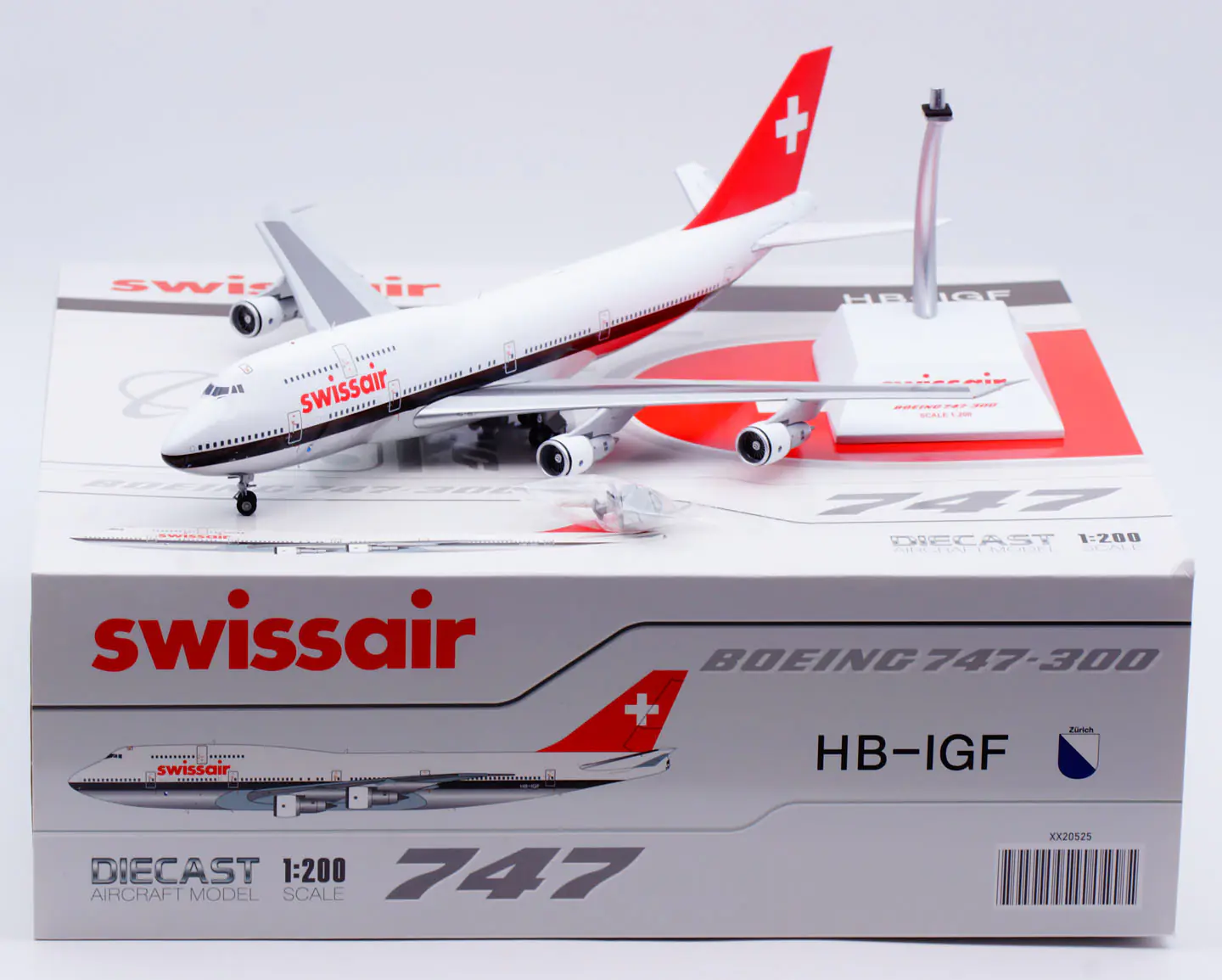 Collectible Diecast Aircraft Model Boeing B747-300 XX20525 JC Wings 1:200 Swissair [Polished] Reg: HB-IGF