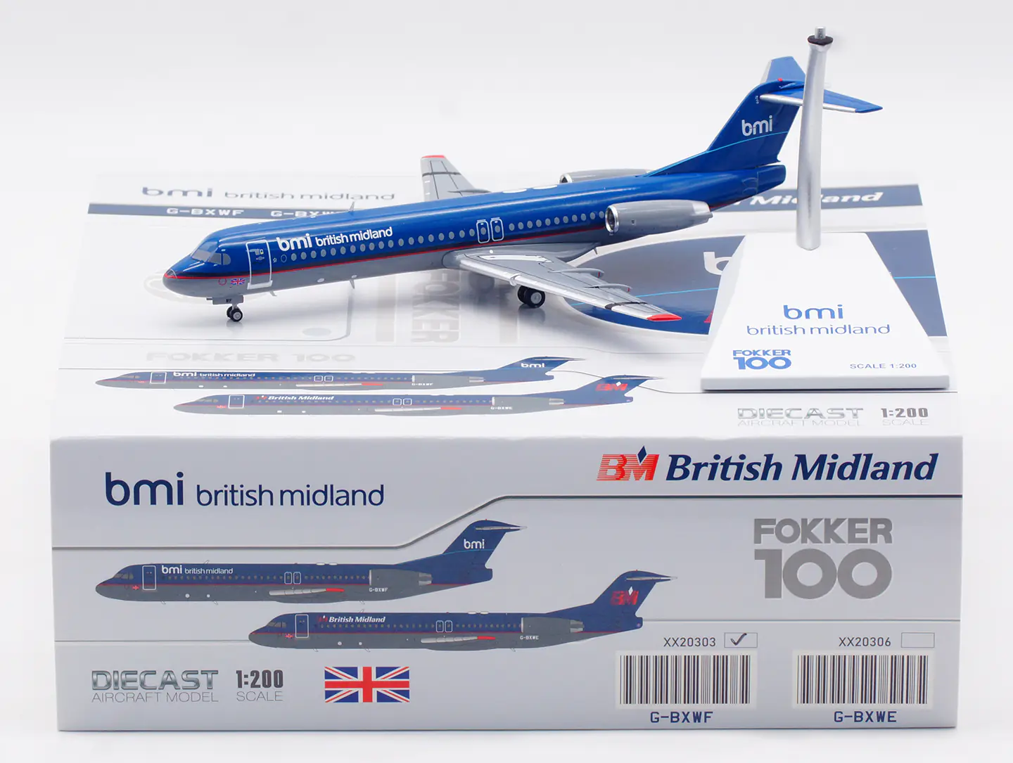 Collectible Diecast Aircraft Model Fokker 100 XX20303 JC Wings 1:200 British Midland Reg: G-BXWF