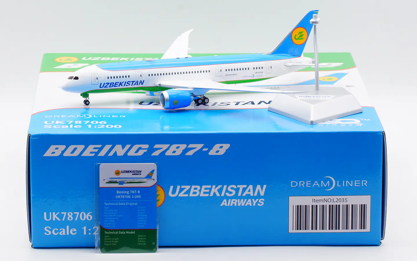 Collectible Diecast Aircraft Model Boeing B787-8 L2035 SQ Wings 1:200 UZBEKISTAN AIRWAYS Reg: UK78706