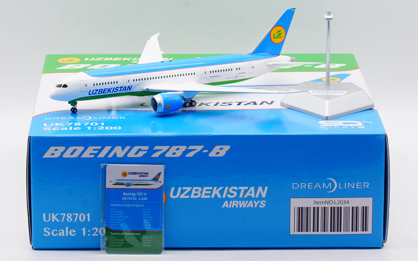 Collectible Diecast Aircraft Model Boeing B787-8 L2034 SQ Wings 1:200 UZBEKISTAN AIRWAYS Reg: UK78701