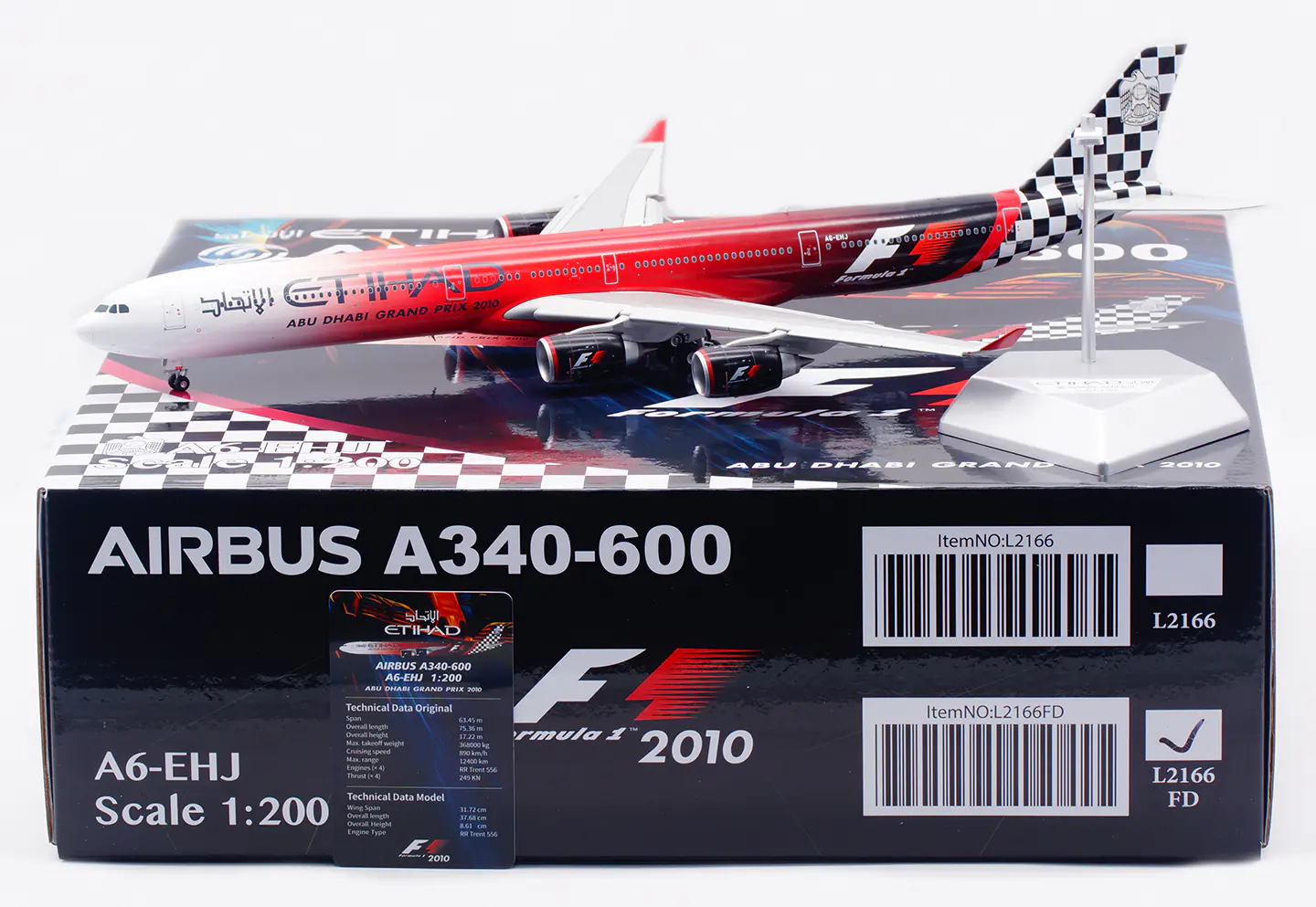 Collectible Diecast Aircraft Model Airbus A340-600 L2166FD SQ Wings 1:200 Etihad Airways [Formula 1, 2010] Reg: A6-EHJ Flaps Down