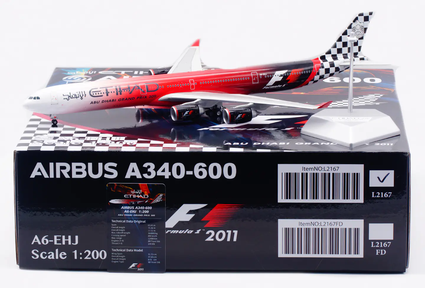 Collectible Diecast Aircraft Model Airbus A340-600 L2167 SQ Wings 1:200 Etihad Airways [Formula 1, 2011] Reg: A6-EHJ