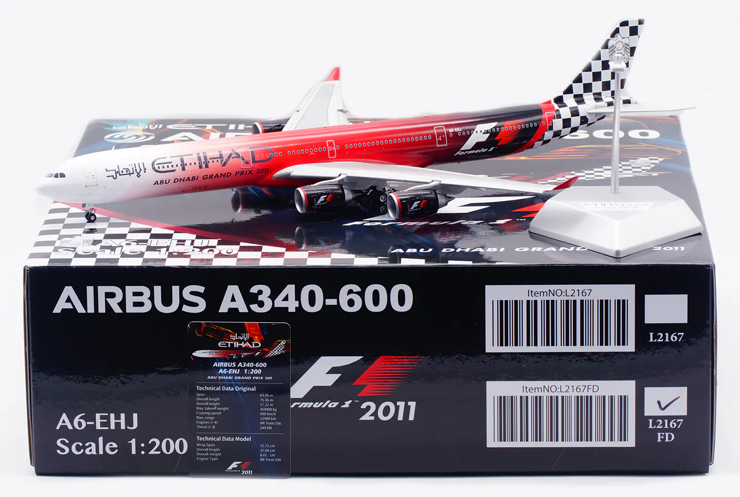 Collectible Diecast Aircraft Model Airbus A340-600 L2167FD SQ Wings 1:200 Etihad Airways [Formula 1, 2011] Reg: A6-EHJ Flaps Down