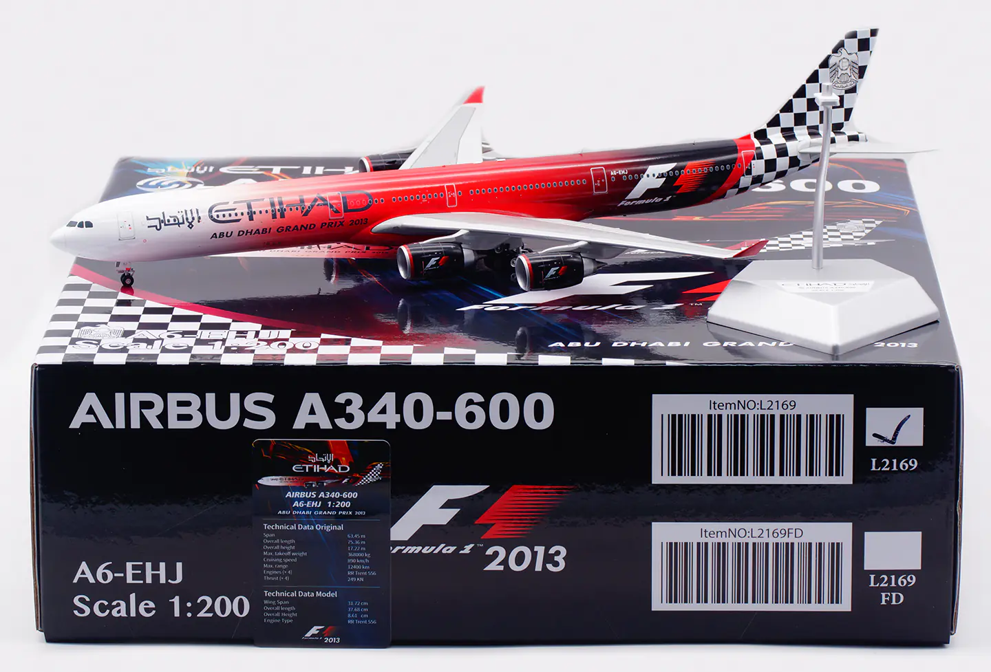 Collectible Diecast Aircraft Model Airbus A340-600 L2169 SQ Wings 1:200 Etihad Airways [Formula 1, 2013] Reg: A6-EHJ