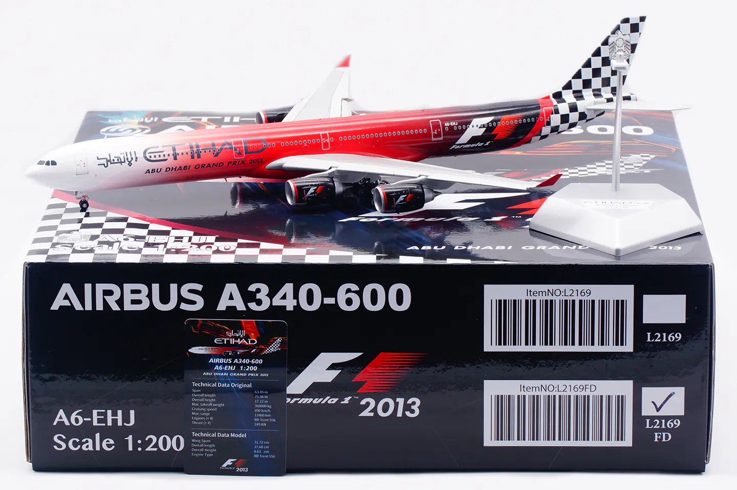 Collectible Diecast Aircraft Model Airbus A340-600 L2169FD SQ Wings 1:200 Etihad Airways [Formula 1, 2013] Reg: A6-EHJ Flaps Down