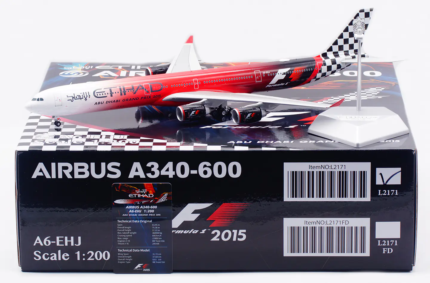 Collectible Diecast Aircraft Model Airbus A340-600 L2171 SQ Wings 1:200 Etihad Airways [Formula 1, 2015] Reg: A6-EHJ