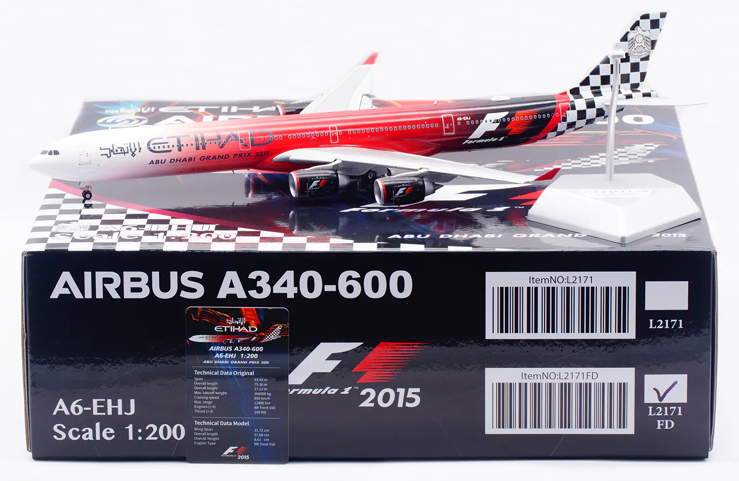 Collectible Diecast Aircraft Model Airbus A340-600 L2171FD SQ Wings 1:200 Etihad Airways [Formula 1, 2015] Reg: A6-EHJ Flaps Down