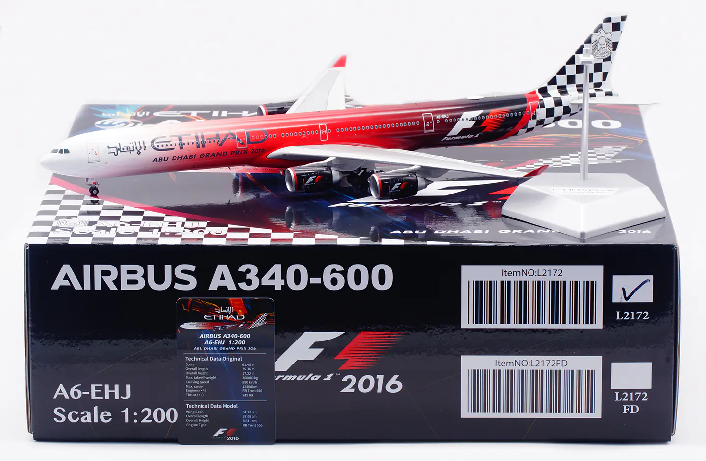 Collectible Diecast Aircraft Model Airbus A340-600 L2172 SQ Wings 1:200 Etihad Airways [Formula 1, 2016] Reg: A6-EHJ