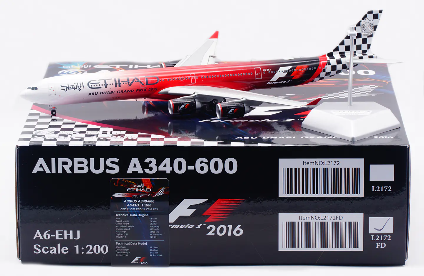 Collectible Diecast Aircraft Model Airbus A340-600 L2172FD SQ Wings 1:200 Etihad Airways [Formula 1, 2016] Reg: A6-EHJ Flaps Down
