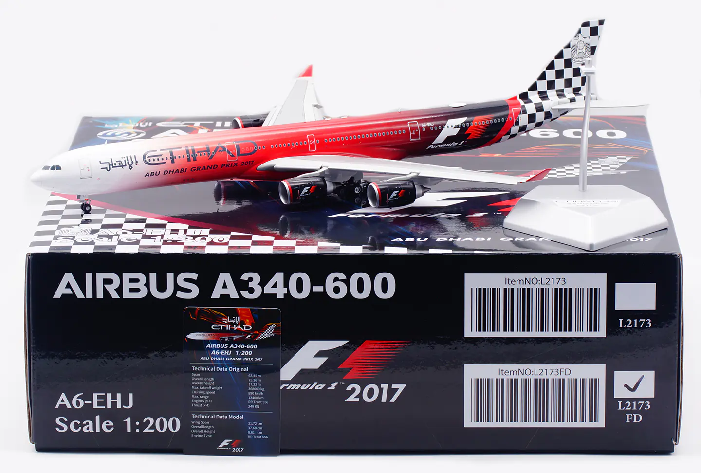 Collectible Diecast Aircraft Model Airbus A340-600 L2173FD SQ Wings 1:200 Etihad Airways [Formula 1, 2017] Reg: A6-EHJ Flaps Down