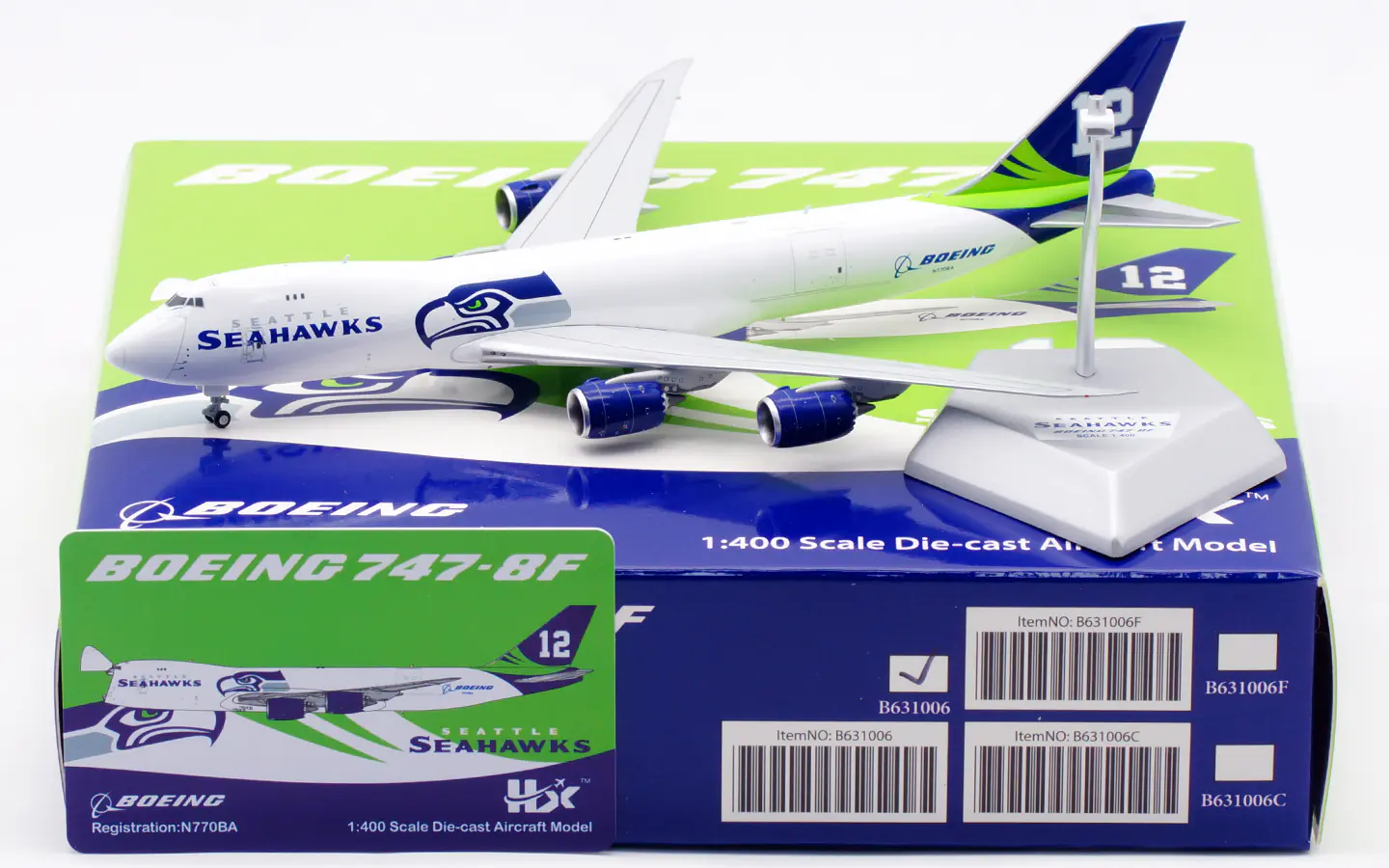Collectible Diecast Aircraft Model  Boeing B747-8F B631006 HX Models "House Color" Seattle Seahawks Reg: N770BA