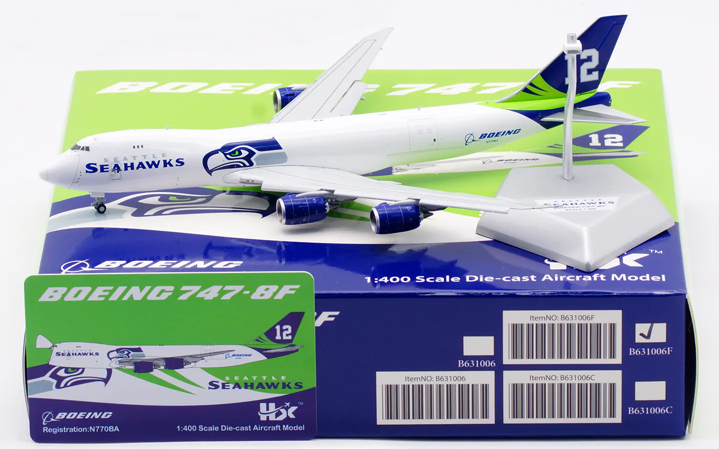 Collectible Diecast Aircraft Model  Boeing B747-8F B631006F HX Models "House Color" Seattle Seahawks Reg: N770BA Flaps Down