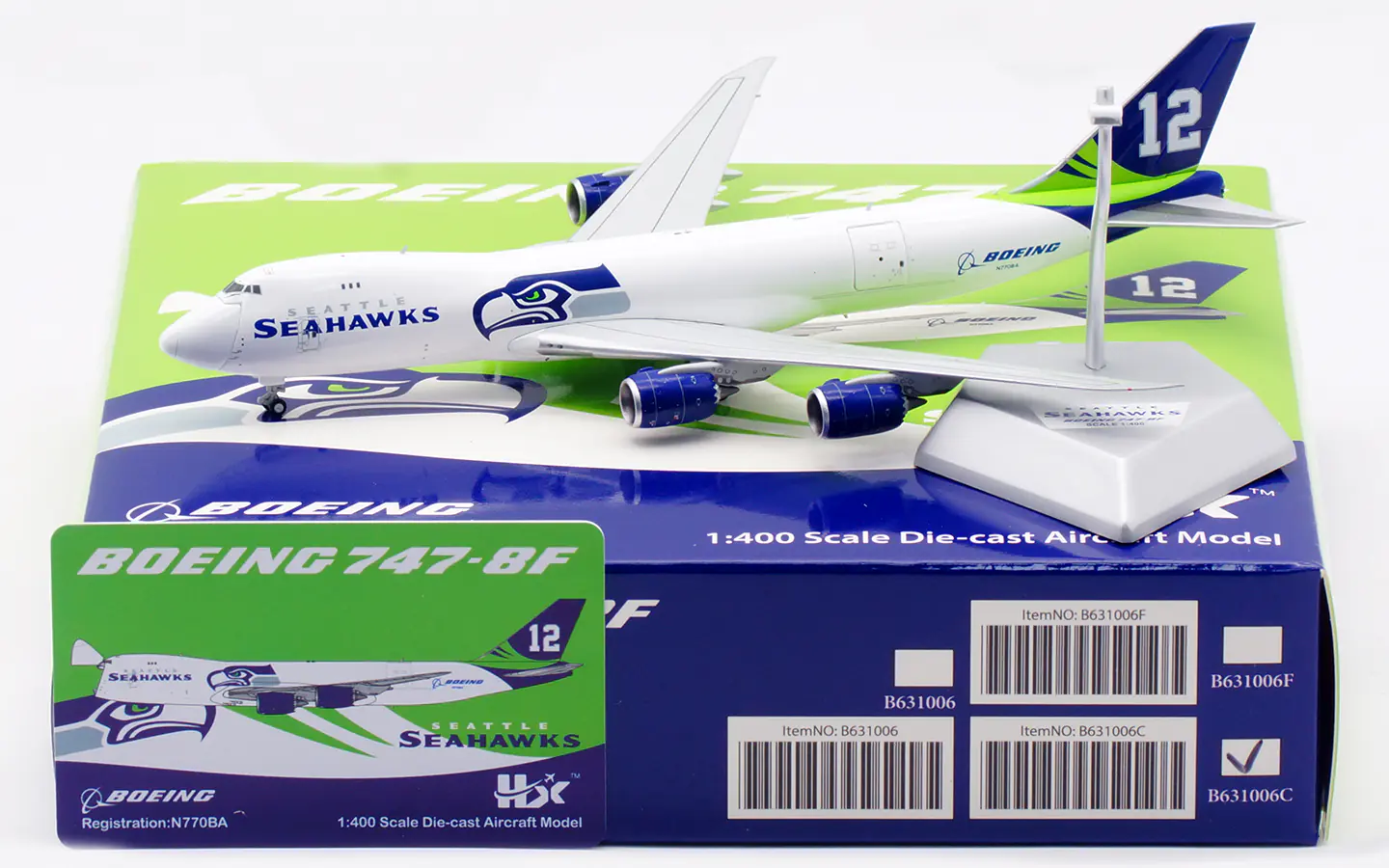 Collectible Diecast Aircraft Model  Boeing B747-8F B631006C HX Models "House Color" Seattle Seahawks Reg: N770BA  [Interactive Series]