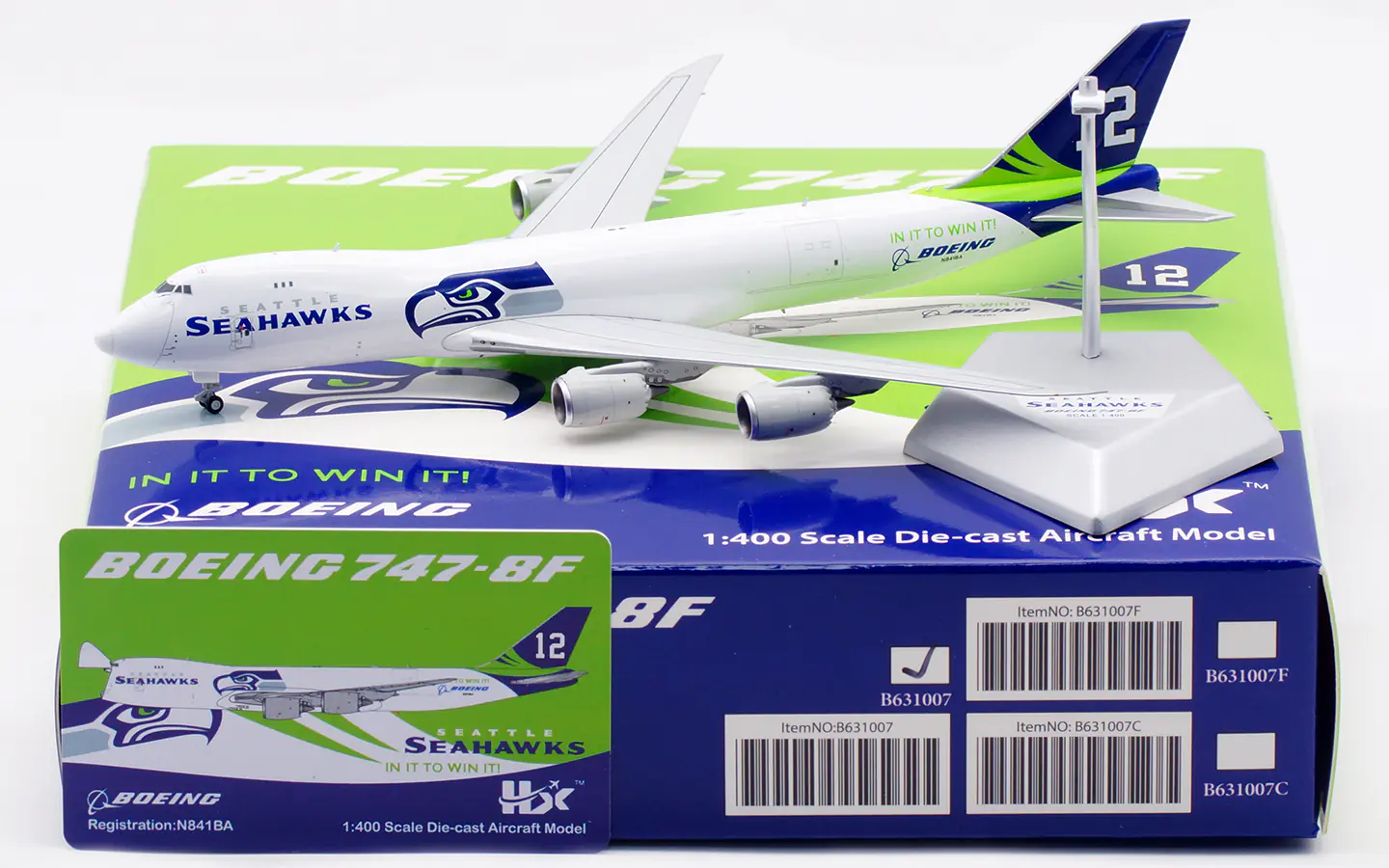 Collectible Diecast Aircraft Model  Boeing B747-8F B631007 HX Models "House Color" Seattle Seahawks Reg: N841BA