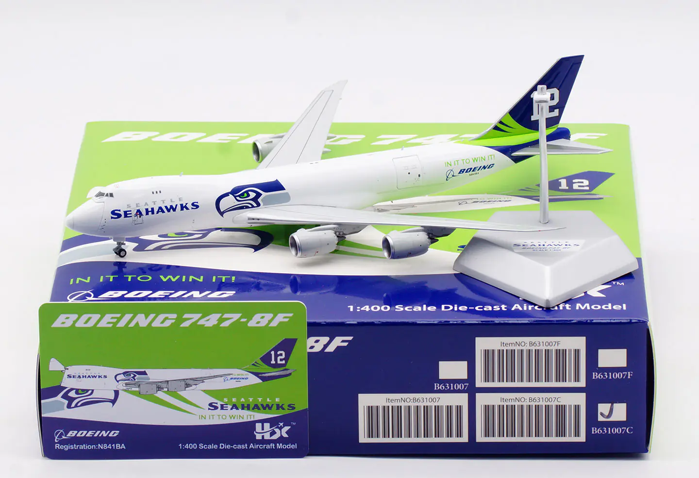 Collectible Diecast Aircraft Model  Boeing B747-8F B631007C HX Models "House Color" Seattle Seahawks Reg: N841BA [Interactive Series]