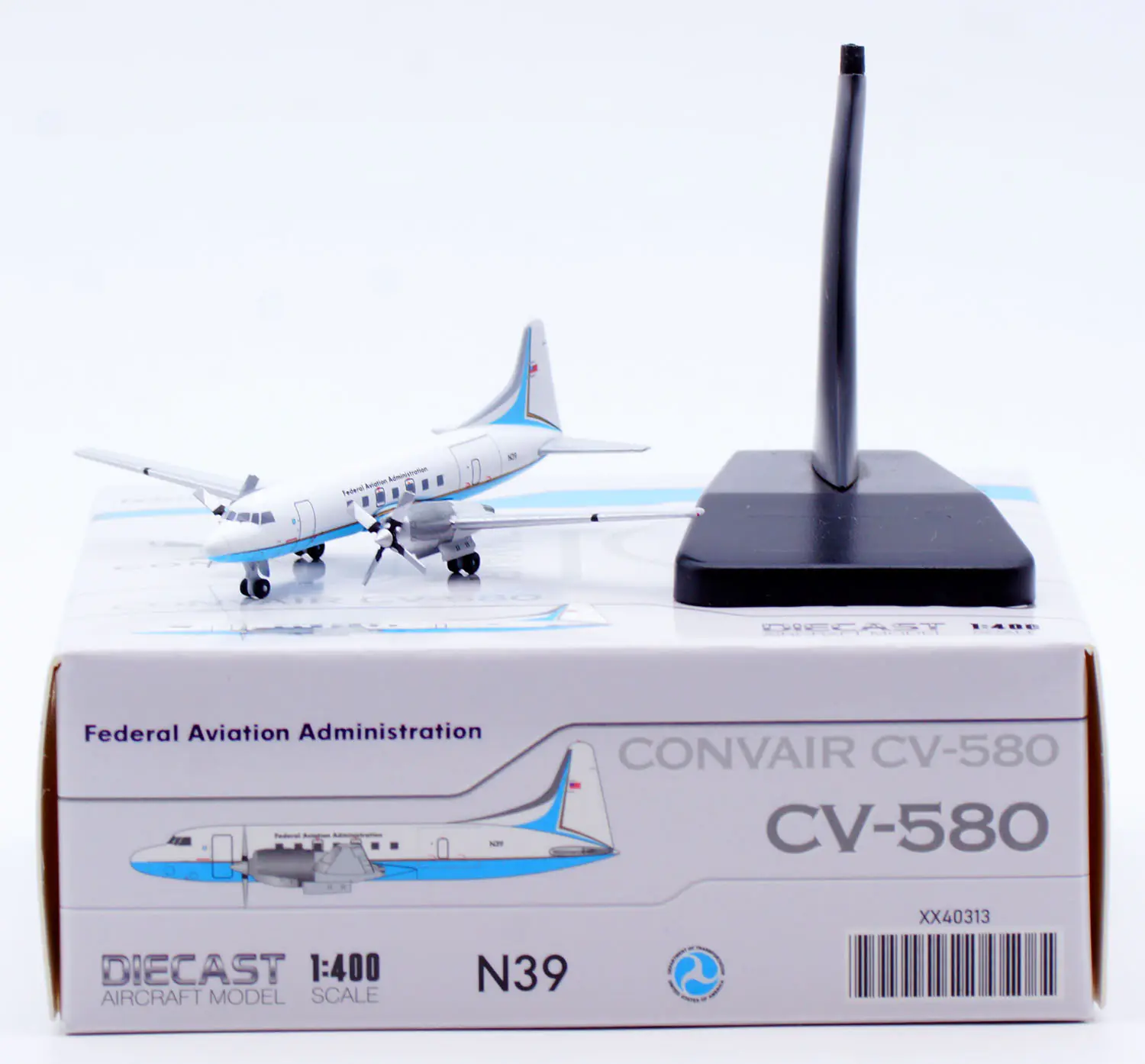 Collectible Diecast Aircraft Model CONVAIR CV-580 XX40313 JC Wings 1:400 FAA Federal Aviation Adminisration Reg: N39