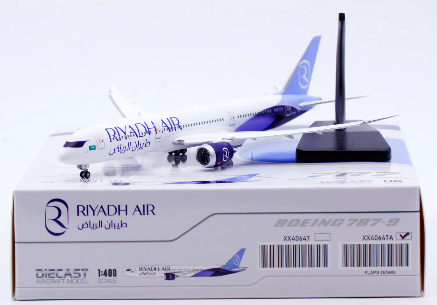 Collectible Diecast Aircraft Model Boeing B787-9 XX40647A JC Wings 1:400 Riyadh Air Reg: HZ-RXX Flaps Down