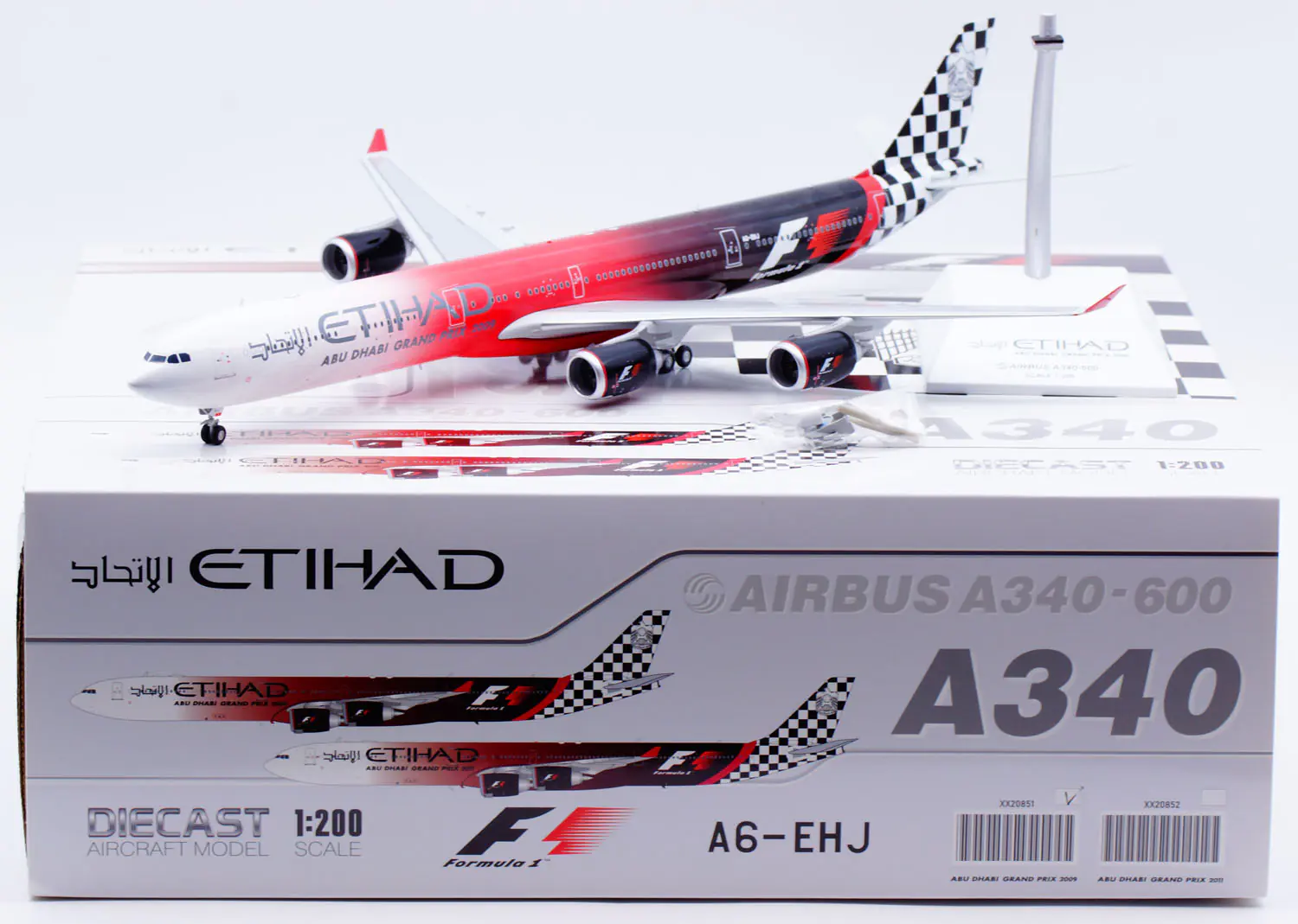 Collectible Diecast Aircraft Model Airbus A340-600 XX20851 JC Wings 1:200 Etihad Airways [Formula 1, 2011] Reg: A6-EHJ