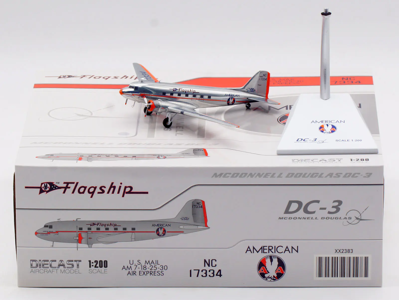 Collectible Diecast Aircraft Model MCDONNELL DOUGLAS DC-3  XX2383 JC Wings 1:200 American Airlines Reg: NC17334