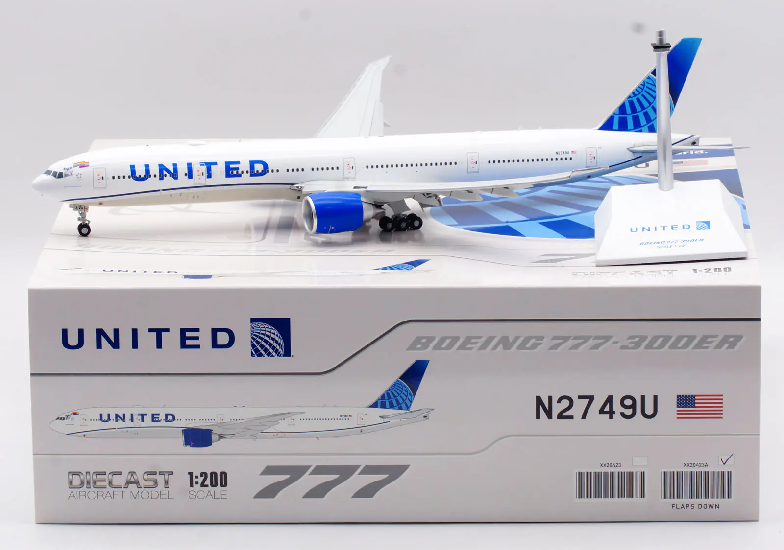 Collectible Diecast Aircraft Model Boeing B777-300ER XX20423A JC Wings 1:200 United Airlines Reg: N2749U Flaps Down