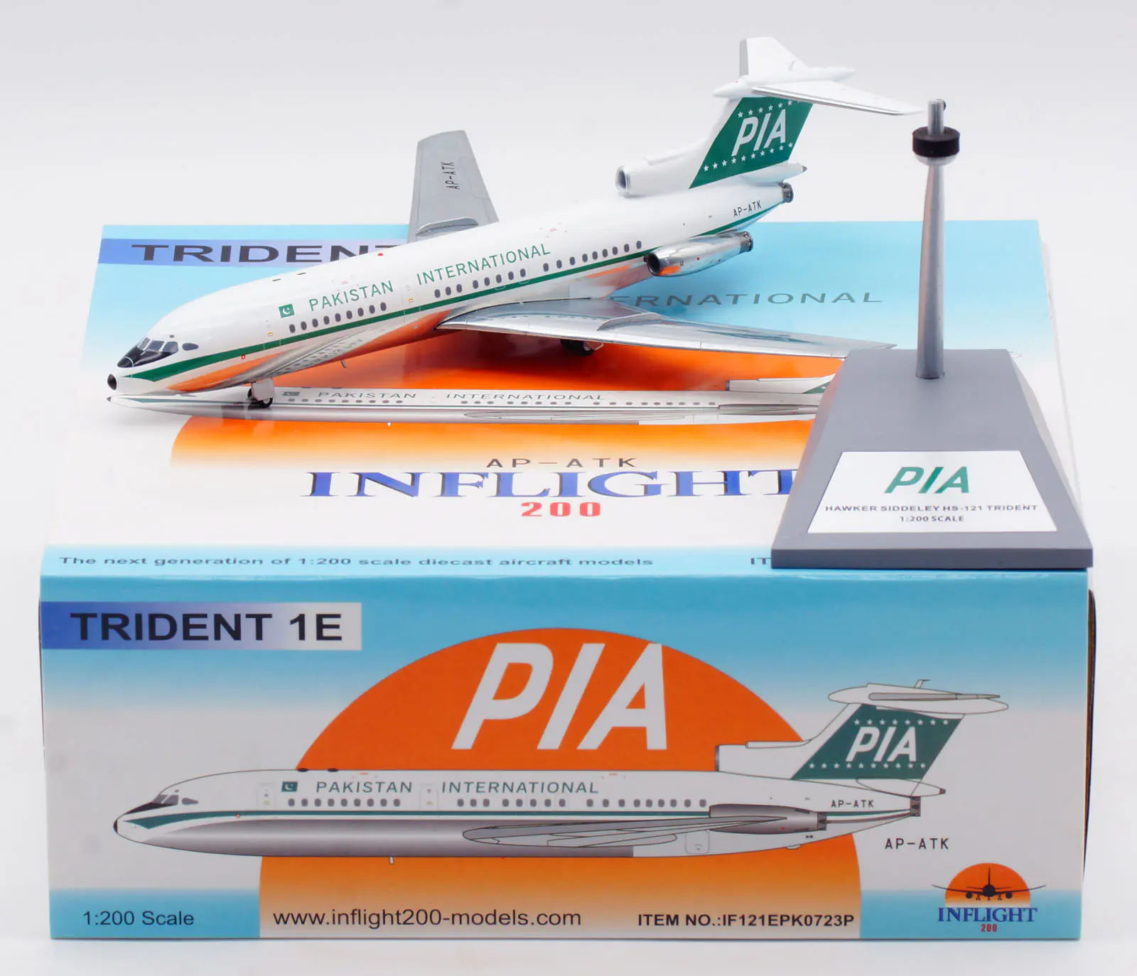 Collectible Diecast Aircraft Model Hawker HS-121 Trident 1E IF121EPK0723P INFLIGHT 1:200 PAKISTAN INTERNATIONAL Reg: AP-ATK