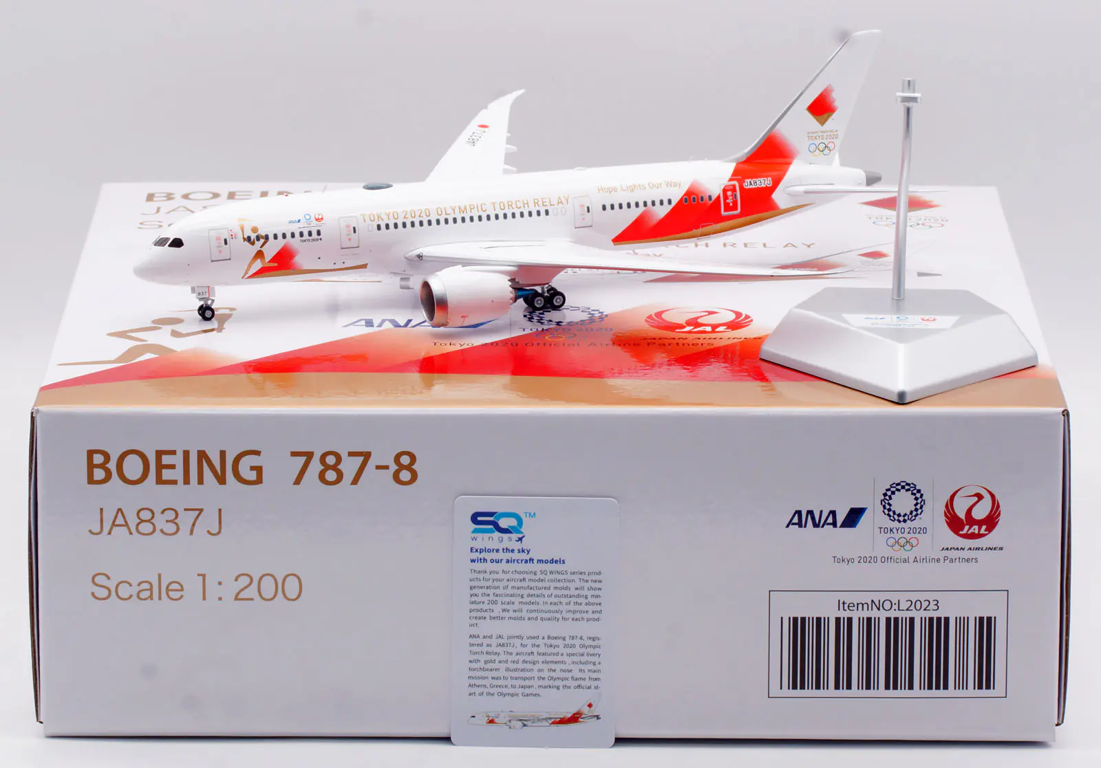 Collectible Diecast Aircraft Model Boeing B787-8 L2023 SQ Wings 1:200 ANA JAL Torch Relay Reg: JA837J
