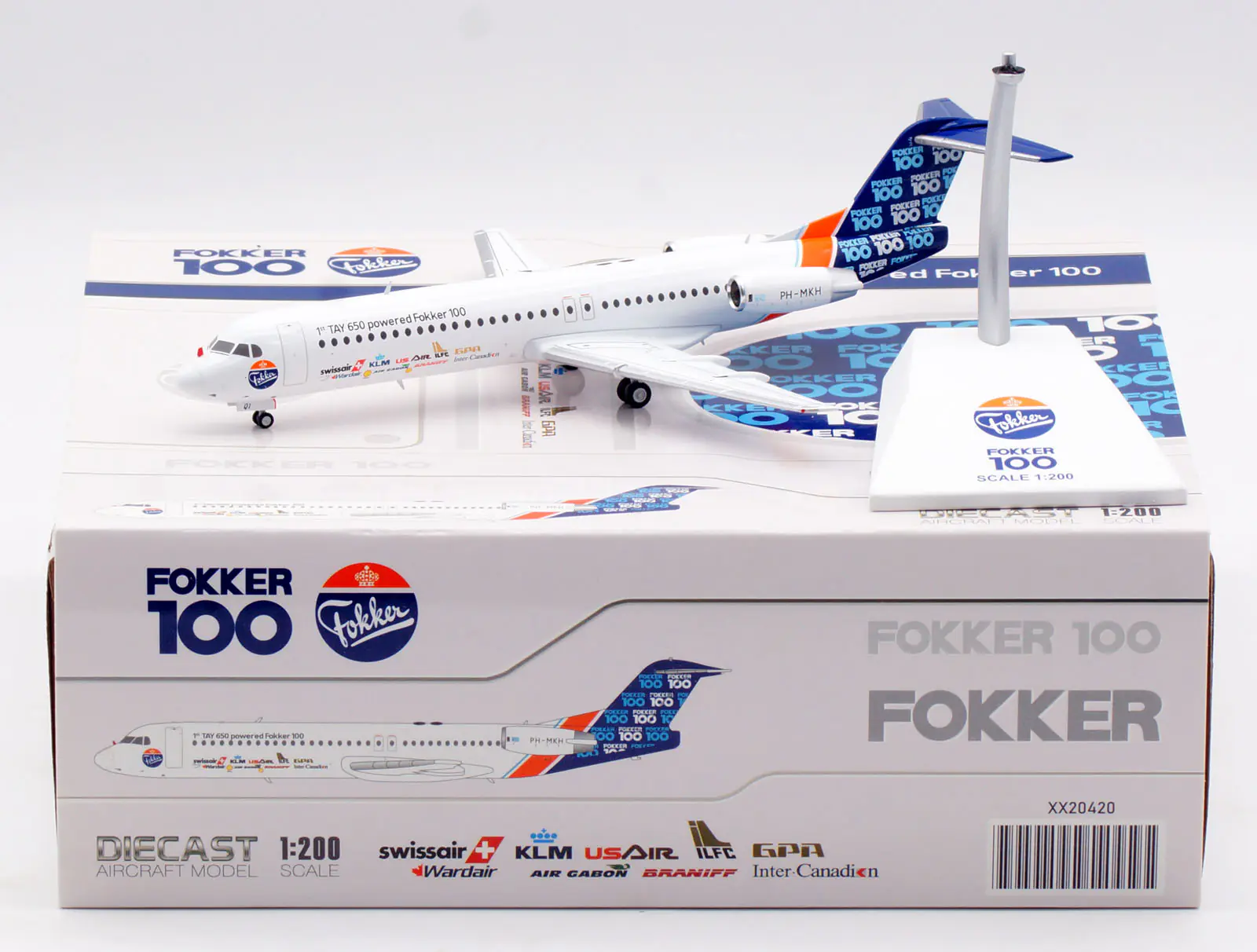 Collectible Diecast Aircraft Model Fokker 100 XX20420 JC Wings 1:200 "1st TAY 650 powered Fokker 100" Reg: PH-MKH