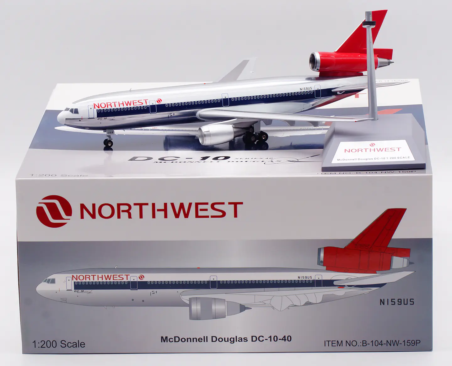 Collectible Diecast Aircraft Model McDonnell Douglas DC-10-40 B-104-NW-159P B-Models 1:200 Northwest Airlines Reg: N159US