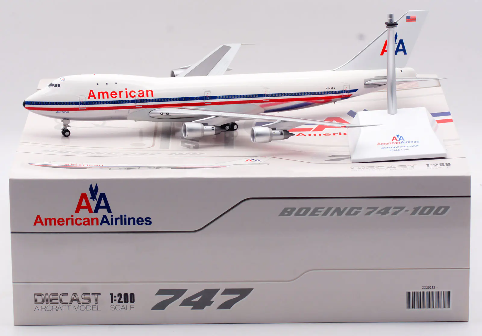 Collectible Diecast Aircraft Model Boeing B747-100 XX20292 JC Wings 1:200 American Airlines Reg: N743PA