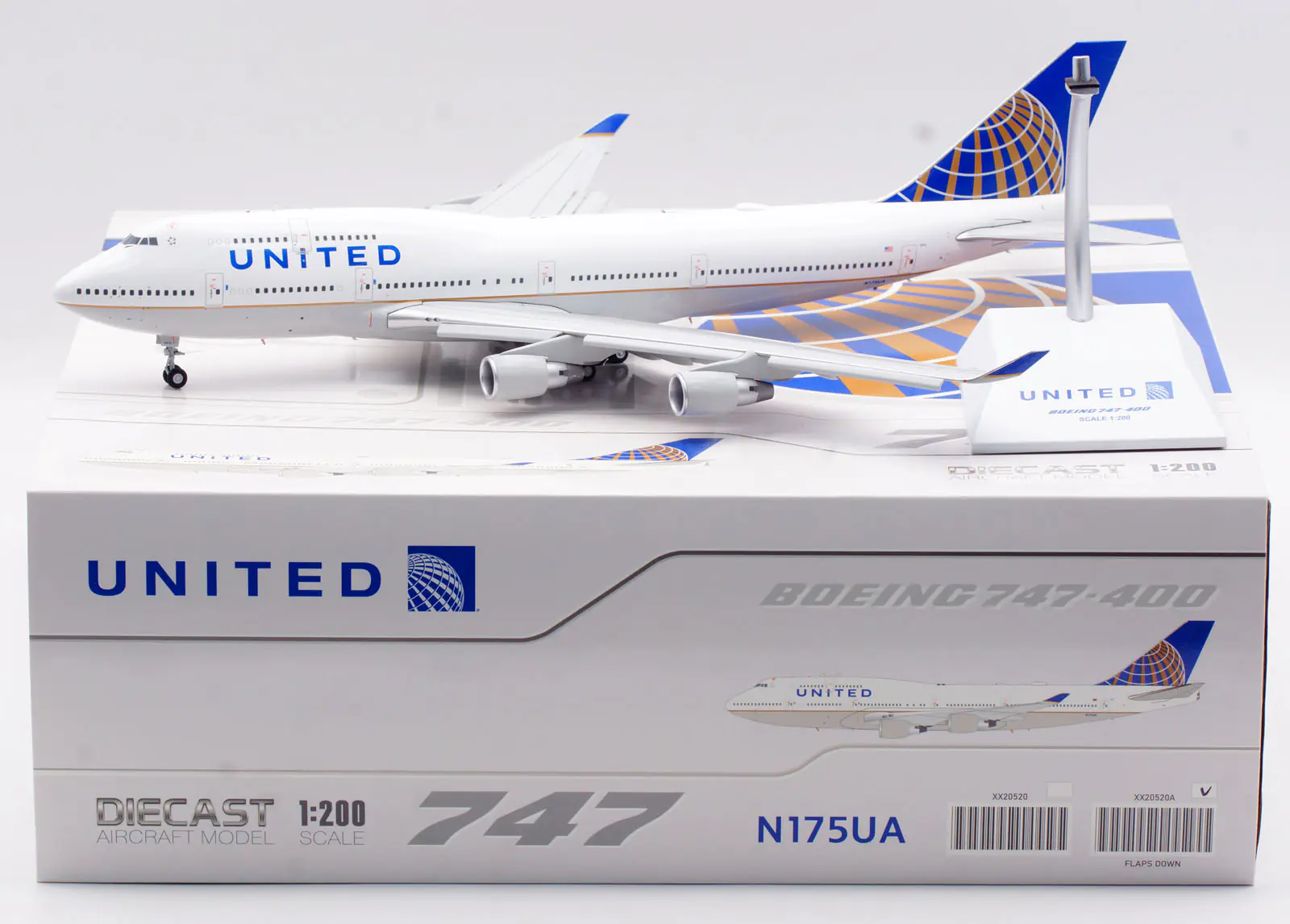 Collectible Diecast Aircraft Model Boeing B747-400 XX20520A JC Wings 1:200 United Airlines Reg: N175UA Flaps Down