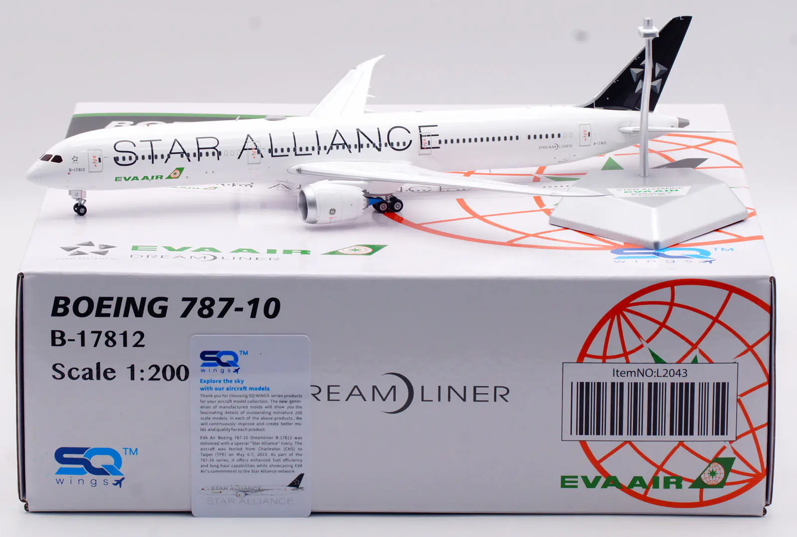 Collectible Diecast Aircraft Model Boeing B787-10 L2043 SQ Wings 1:200 EVA AIR Reg: B-17812