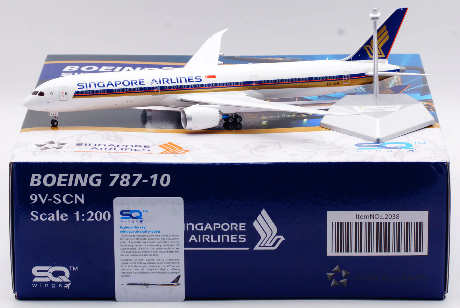 Collectible Diecast Aircraft Model Boeing B787-10 L2038 SQ Wings 1:200 Singapore Airlines Reg: 9V-SCN