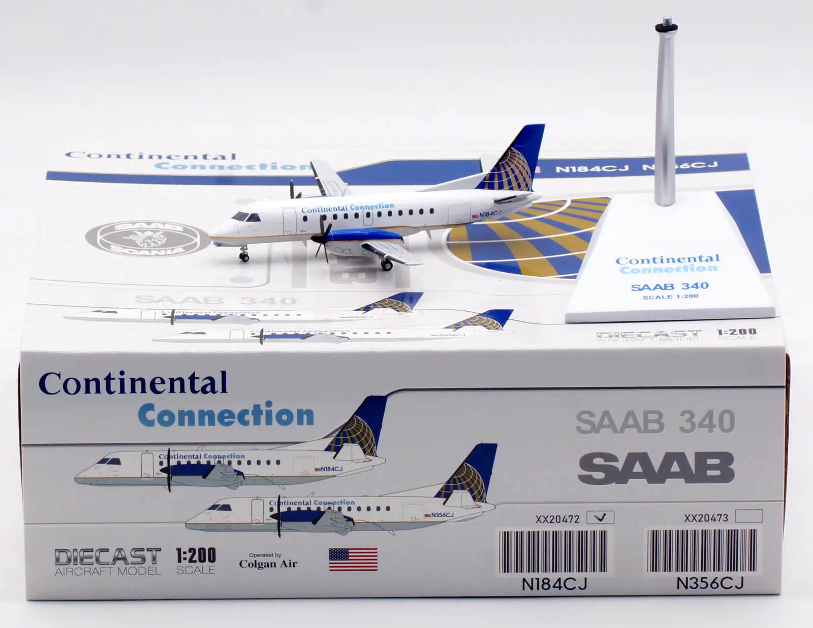 Collectible Diecast Aircraft Model Saab 340B XX20472 JC Wings 1:200 Continental Connection Reg: N184CJ