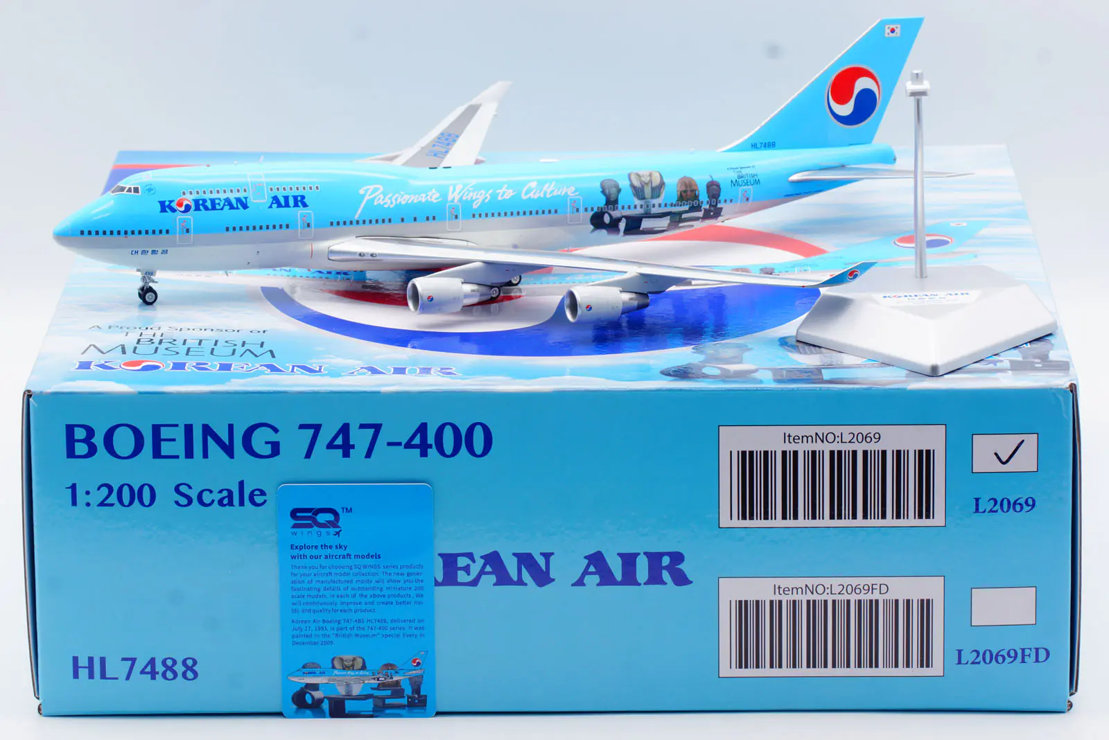 Collectible Diecast Aircraft Model Boeing B747-400 L2069 SQ Wings 1:200 Korean Air Reg: HL7488