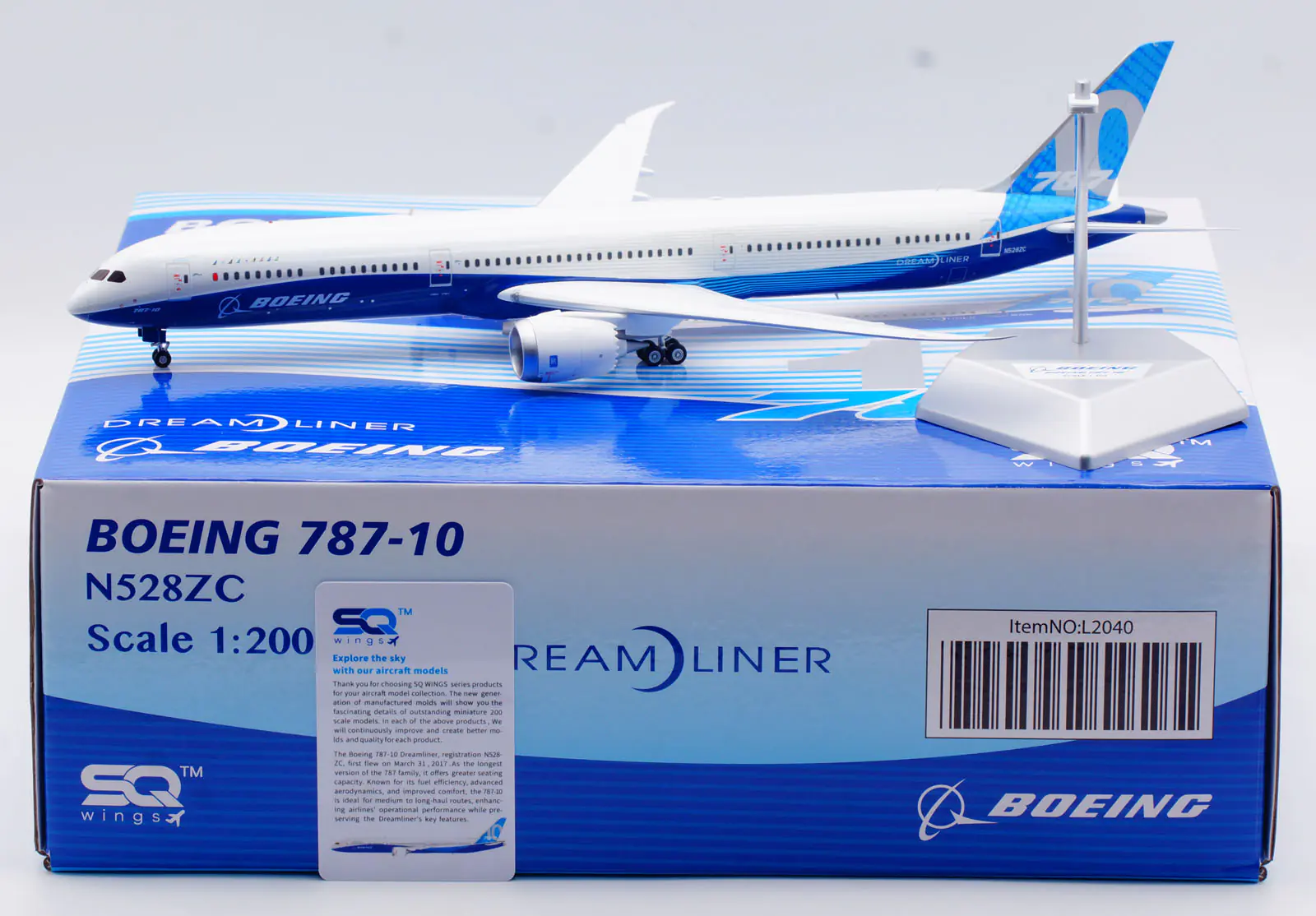 Collectible Diecast Aircraft Model Boeing B787-10 L2040 SQ Wings 1:200 [House Color] Reg: N528ZC