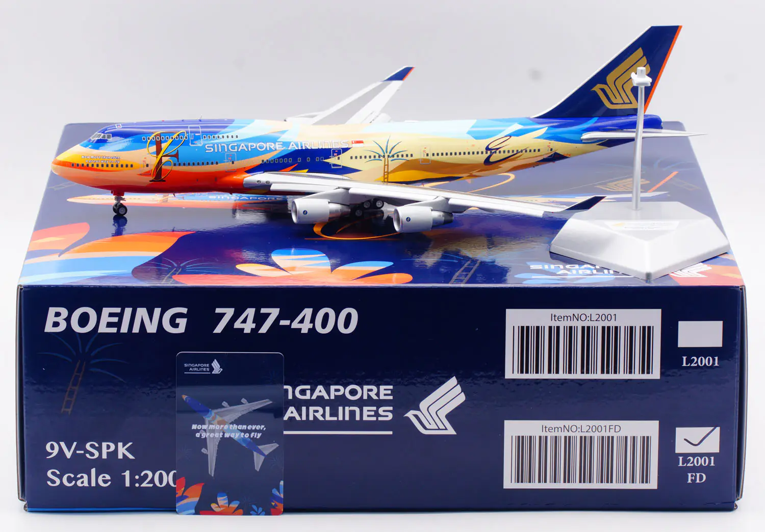 Collectible Diecast Aircraft Model Boeing B747-400 L2001FD SQ Wings 1:200 Singapore Airlines Reg: 9V-SPK Flaps Down